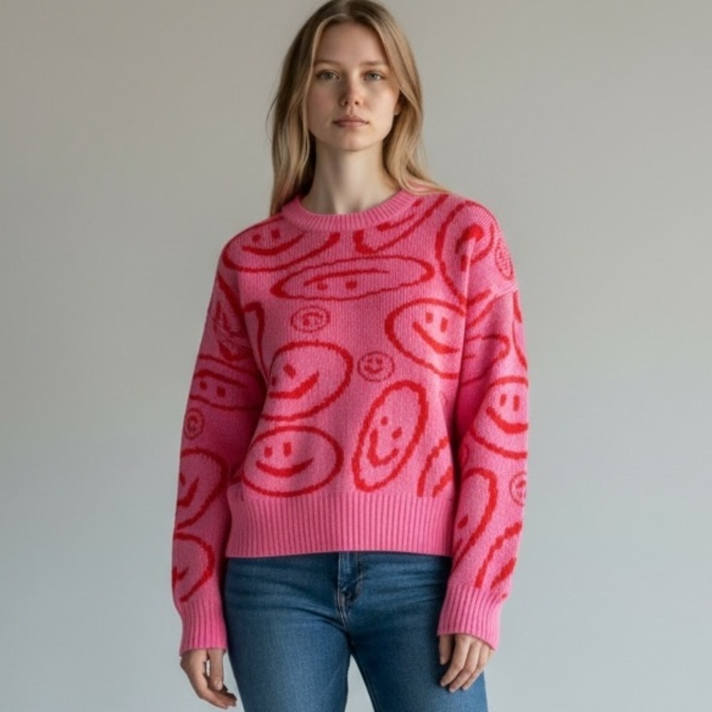 Cotton Emporium Smiley Face Knit Sweater Size S Pullover Crewneck Y2K